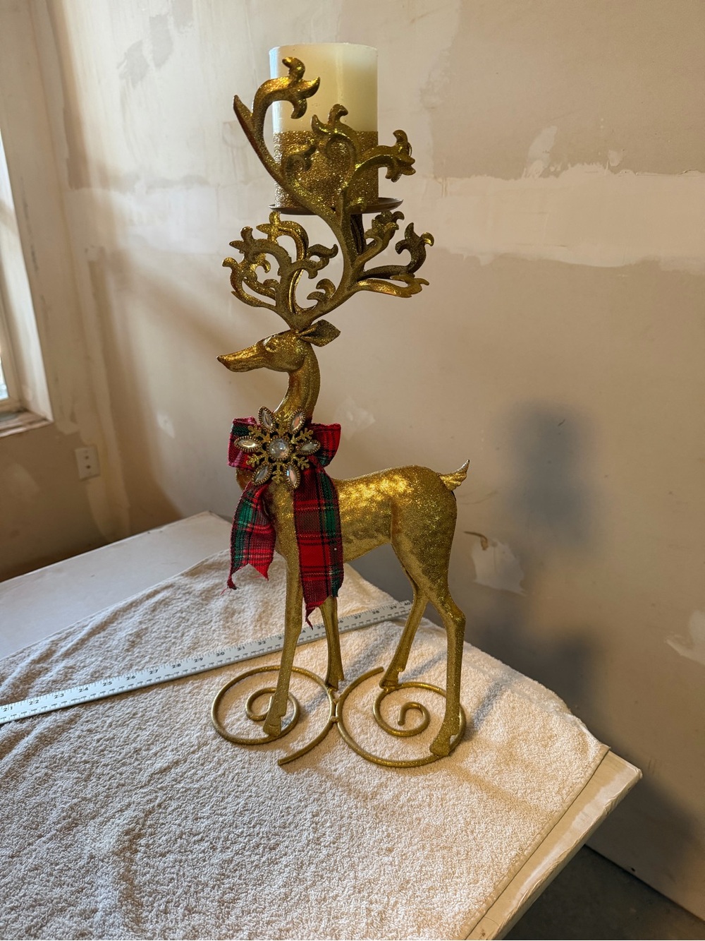 Gold Glitter Reindeer Candle Holder with Tartan Bow - Holiday Decor